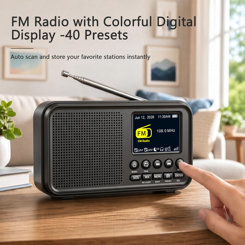 Eoxsmile Portable FM Radio with Bluetooth, NOAA Weather Alert, 40 Presets | Rechargeable 3000mAh Battery, Dual Alarms, Sleep Timer & MicroSD Playback, Digital Radio for Home, Bedside, Kitchen & Travel Black