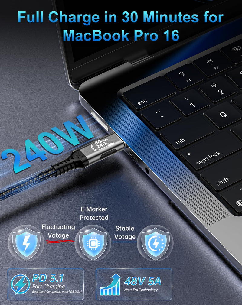 USB C Thunderbolt 5 Cable 120Gbps Bandwidth, 80Gbps Date, 16K 8K 4K Video Sync Display, 240W Fast Charging, Fully Compatible with Thunderbolt 4/3, Type USB-C, USB4 / Gen4 Devices 10FT Male to Male