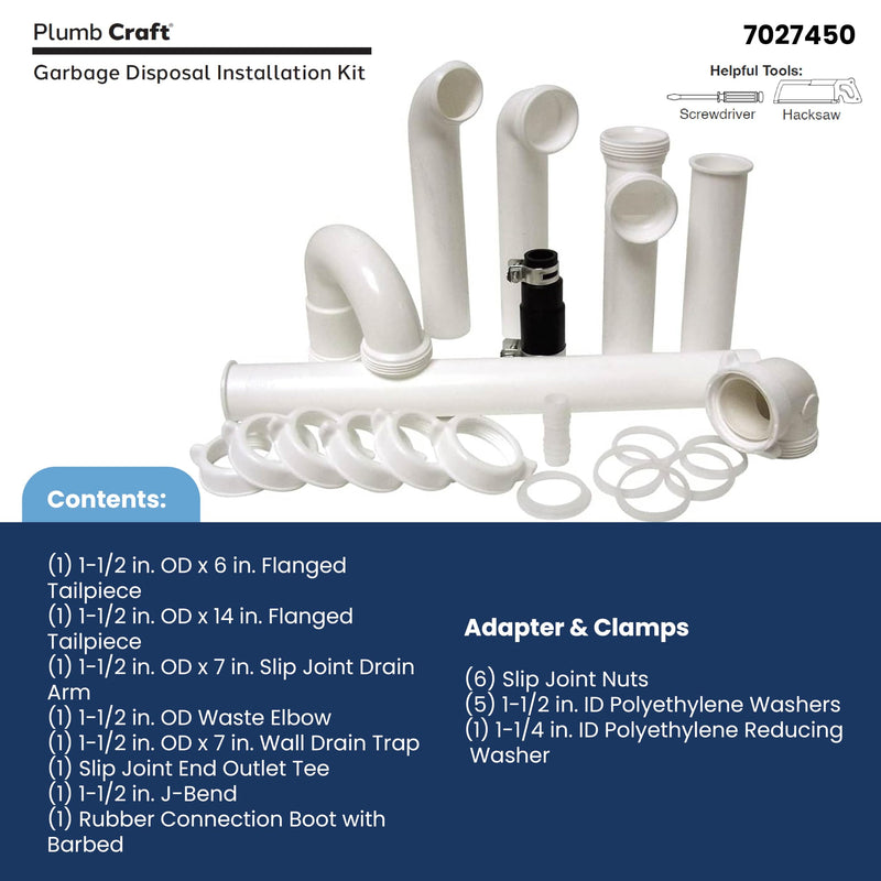 PlumbCraft 1.5-in. OD White Complete Garbage Disposal Installation Kit 7027450, Sink Drain Pipes and Fittings for Setting Up a Garbage Disposal Tool, Kitchen Sink Drain Kit for DIY and Professionals