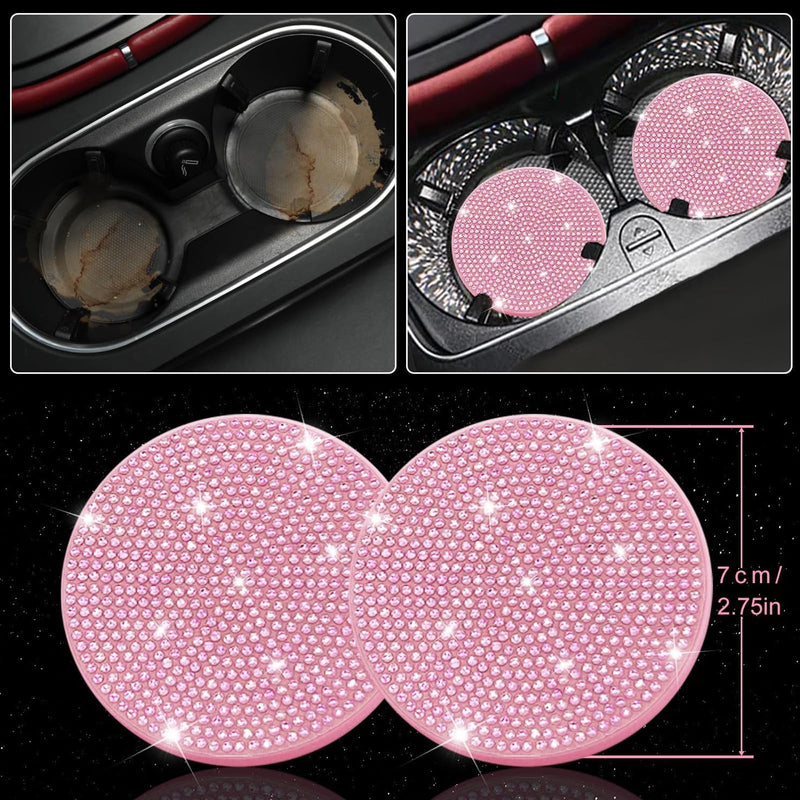 NBTEPEM 30 Pcs Pink Bling Car Accessories Set for Women, Pink Steering Wheel Cover Set, Bling Console Cover, Seat Belt Cushion, Shift Knob Cushion, Cup Coaster, Rhinestone Car Hanging Accessories Pink Diamond