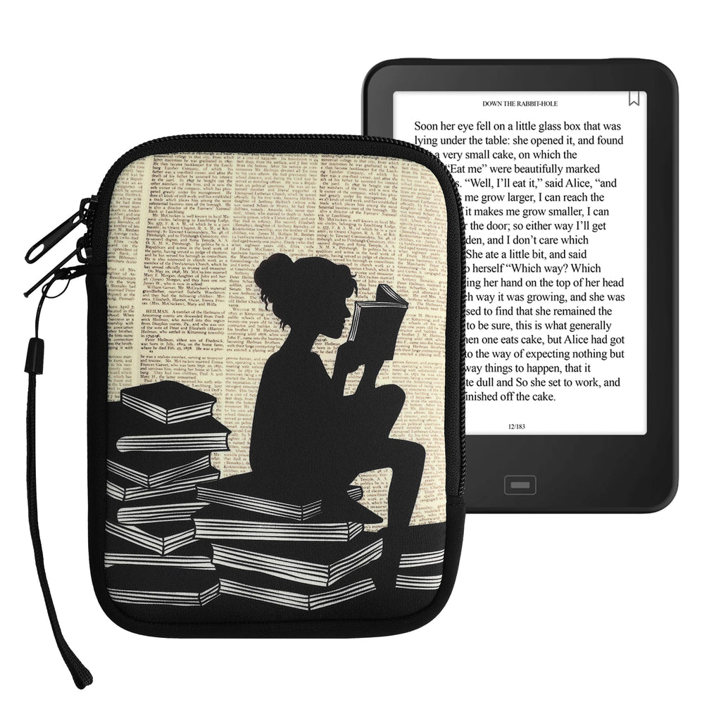 kwmobile Neoprene e-Reader Pouch Size 6" eReader - Universal eBook Sleeve Case with Zipper, Wrist Strap - Black/Beige Girl and Books black / beige