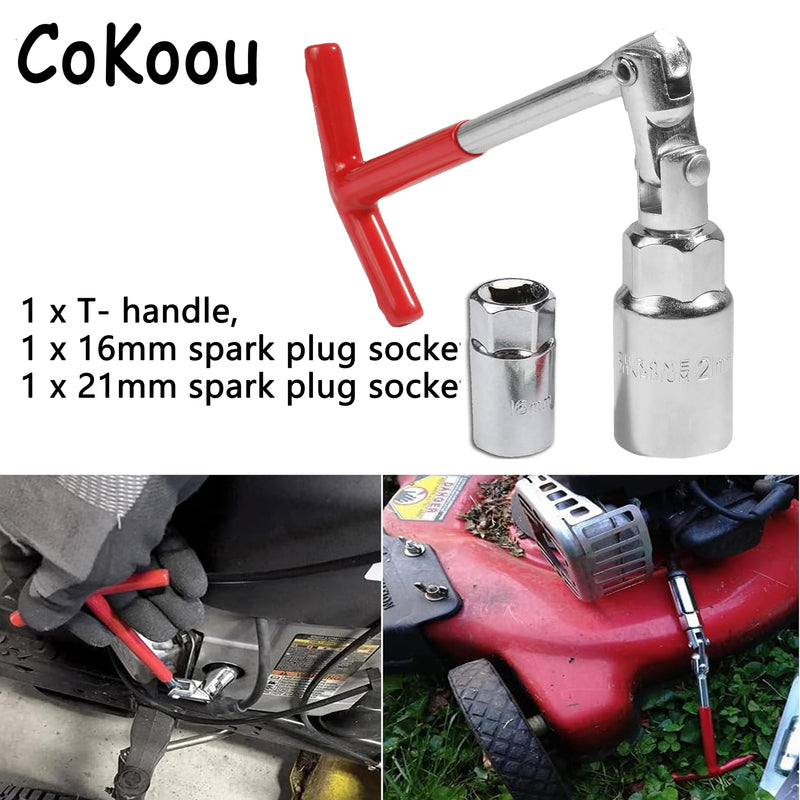 Spark Plug Socket Wrench T-Handle, Universal Spark Plug Remover and Installer Tool for Motorcycles, Small Motor Vehicles, Lawn Mowers, 6mm (5/8") & 21mm (13/16") Sizes