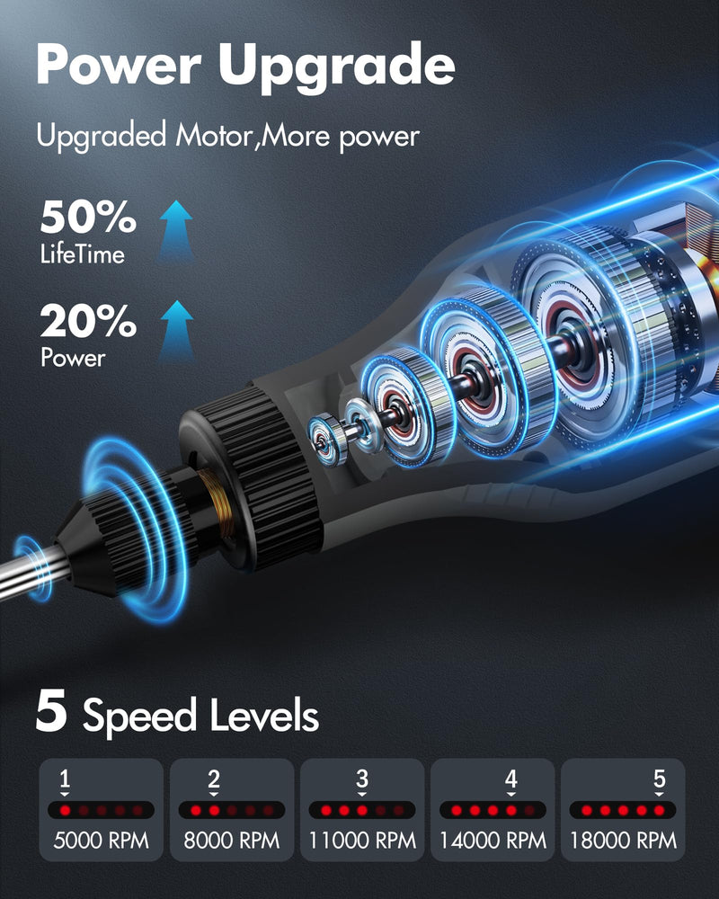 Cordless Mini Rotary Tool Set - 64Pcs Accessories 5 Speed 5000-18000rpm Multi-Purpose Mini Electric Grinder Kit 3.7V USB Rechargeable with Light for Engraving Grinding Polishing Cutting DIY Grey