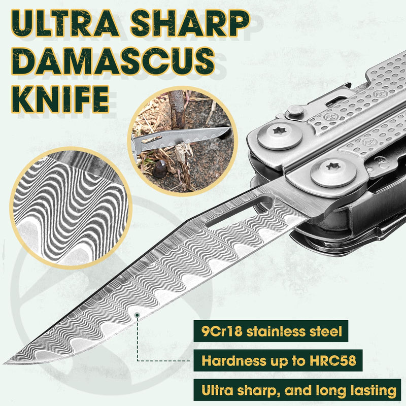  [AUSTRALIA] - Multitools Pliers Pro, Upgraded Multi Tool With Damascus Knife, Replaceable Wire Cutters and Screwdirver Set, Foldable Multitools with Scissors, Screwdriver, Ideal for Camping,Survival, Repair
