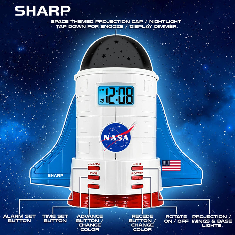 Sharp NASA Space Shuttle Night Light Alarm Clock – Wings and Booster Lights Up – Space Design Nightlight Fun with 4 Color Options and 2 Space Themes for Bedroom, Great Gift!