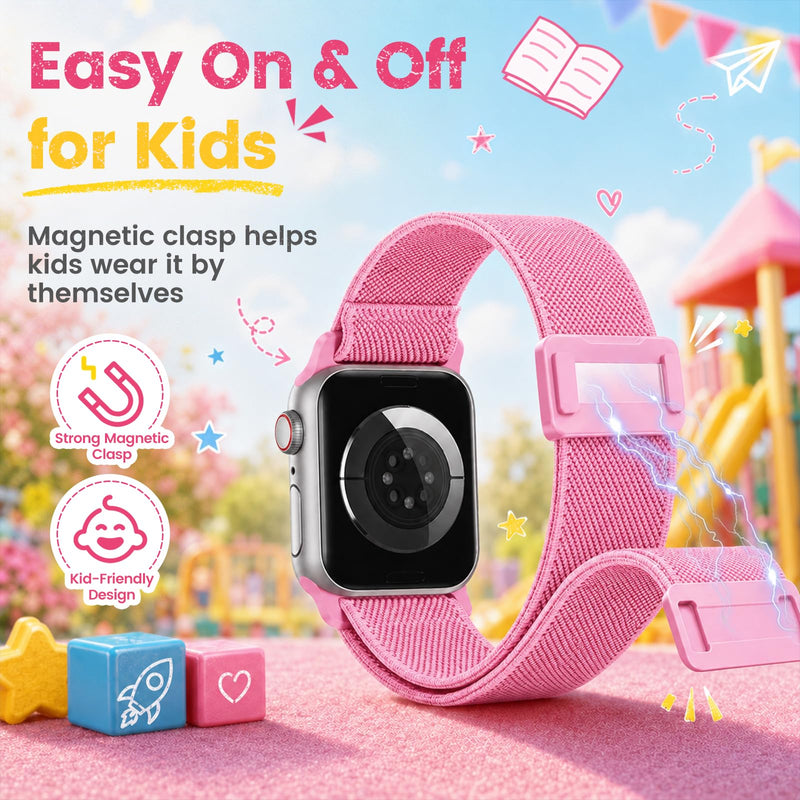 Compatible with Kids Apple Watch Band with Case 38/40/41/42/44/45mm | Stretchy Nylon Strap with Protective Cover and Screen Protector for iWatch Series 9 8 7 SE3 SE2 SE 6 5 4 3 2 1 Pink 40mm