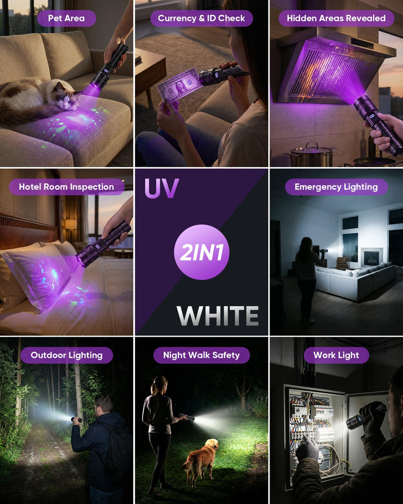 Flashlight Rechargeable with UV Light and White Light, 365NM Blacklight and High lumens White Light with LCD Display, Zoomable 6 Modes for Memory Function, for Pet Urine Detection, Camping, Emergency