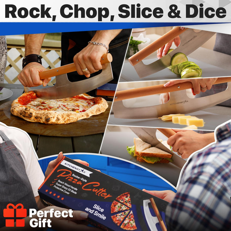 KitchenStar 14-Inch Pizza Cutter Rocker Blade - Razor Sharp Stainless Steel Slicer Knife, Stylish Beech Wood Handle, Protective Cover - Professional Pizza Oven Accessories, Silver 14 inch a) Silver