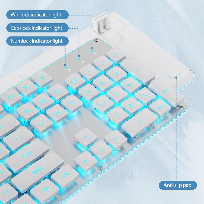 surmen G1000 Backlit White Quiet Office Keyboard Full Size 104 Keys with Metal Panel, Silent Membrane USB Wired Gaming Keyboard for PC, Desktop, Computer(White)
