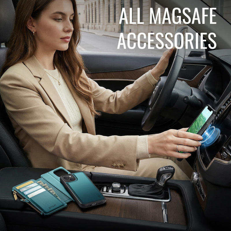 for iPhone 14 - Phone Case Wallet Magnetic Detachable, Turquoise | Compatible with Magsafe, RFID Blocking Card Holder, Zipper Pocket, Wristlet, Durable PU Leather, Magnet Flip, for Women Men