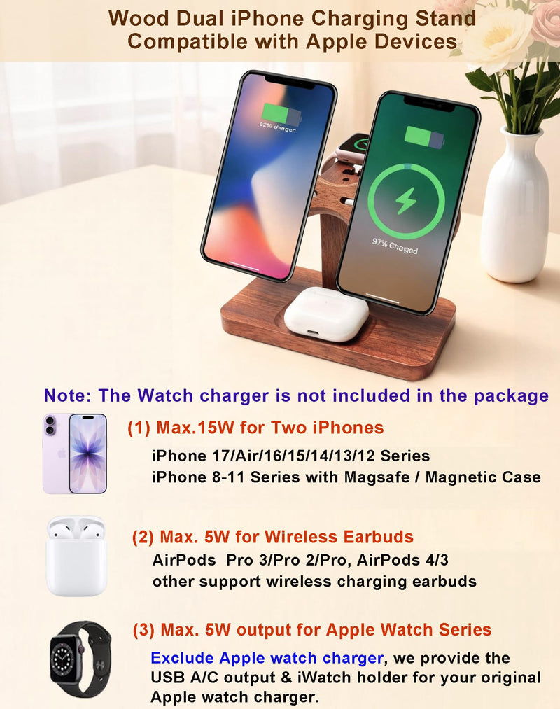Compatible with Magsafe Dual Phone Charging Station for Apple Devices,Two Phone Wireless Charger for iPhone 17/16/15/14/13,AirPods & Apple Watch,Wood Charger Stand,Gift for Men Dad Boyfriend