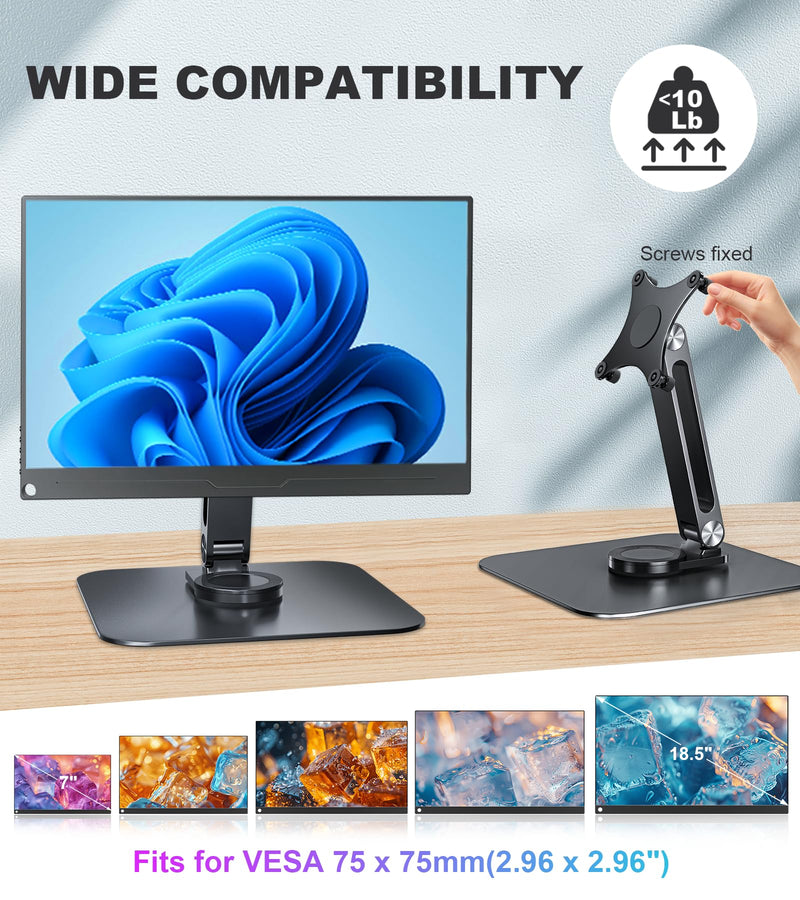Portable Monitor Stand VESA 75x75mm Holes M4 Anti-Loss Screws, Aluminum Alloy Base, Fits 7"- 18", 15.6" 16" 17" 17.3" 18" Inch Small Monitors Lay Flat, Black Desk Mount (Not Fits100x100mm)