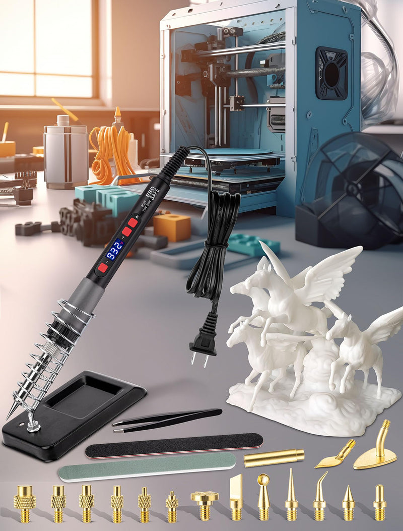 21-in-1 3D Printer Smoothing Tool Kit, 80W LCD Digital Adjustable Temperature Soldering Welding Iron Kit with Insert Brass Heatset Nuts & Soldering Tips, Fast Heating 3D Printing Modify Finishing Tool