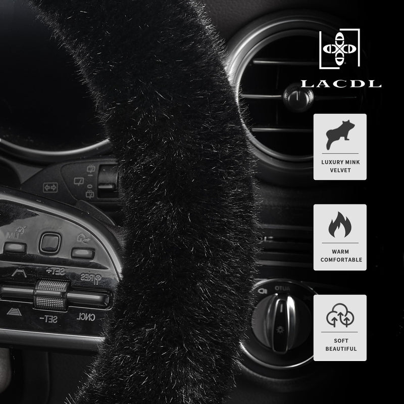 LACDL Fuzzy Winter Steering Wheel Covers for Women, Warm Cute Fluffy Car Wheel Cover for F150 Truck Jeep, Super Soft Furry Auto Plush Car Handle Cover for Cold Weather, Black, 15-16 inch, Large Size Large Size[15"1/2-16"](39-41cm)