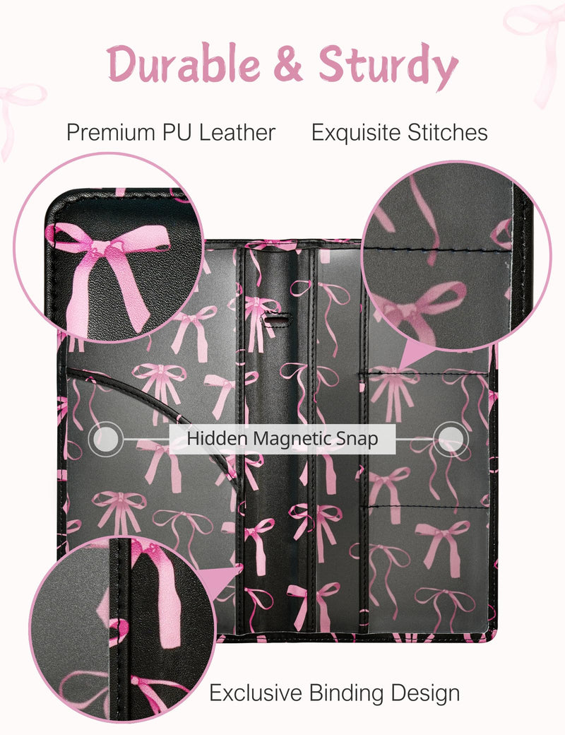 Mymazn Car Registration and Insurance Holder, PU Leather Glove Box Car Organizer with Magnetic Closure, Car Document Holder for Driver's License & Essential Documents (Pink Bow) Pink Bow