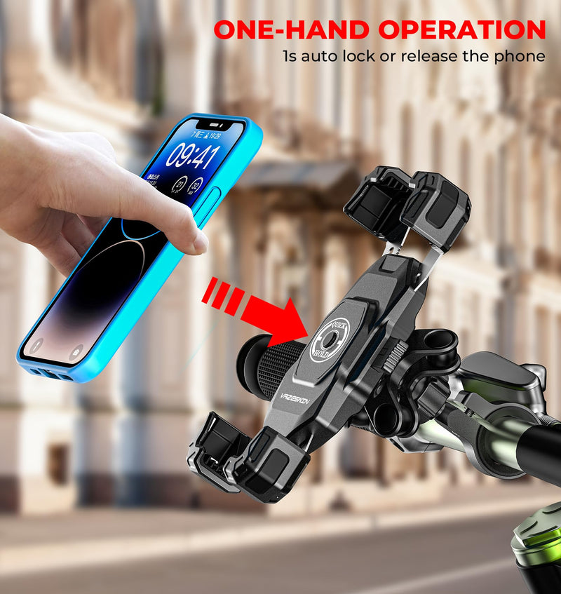 Motorcycle Phone Mount with Vibration Dampener, 1s Lock Bike Phone Holder with Aluminum Alloy Handlebar Mounting Base, One-Handed Operation Motorcycle Cellphone Mount for 5.5"-7.2" Smartphone
