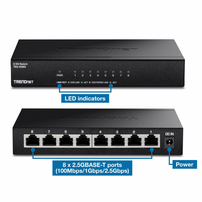 TRENDnet 8-Port 2.5Gb Multi-Gigabit Unmanaged Gaming Switch, TEG-S380, 8 x 2.5GBASE-T Ports, 25Gbps Switching Capacity, Ethernet Splitter, NDAA & TAA Compliant, Fanless, Lifetime Protection, Black 8 Port 2.5 Gigabit