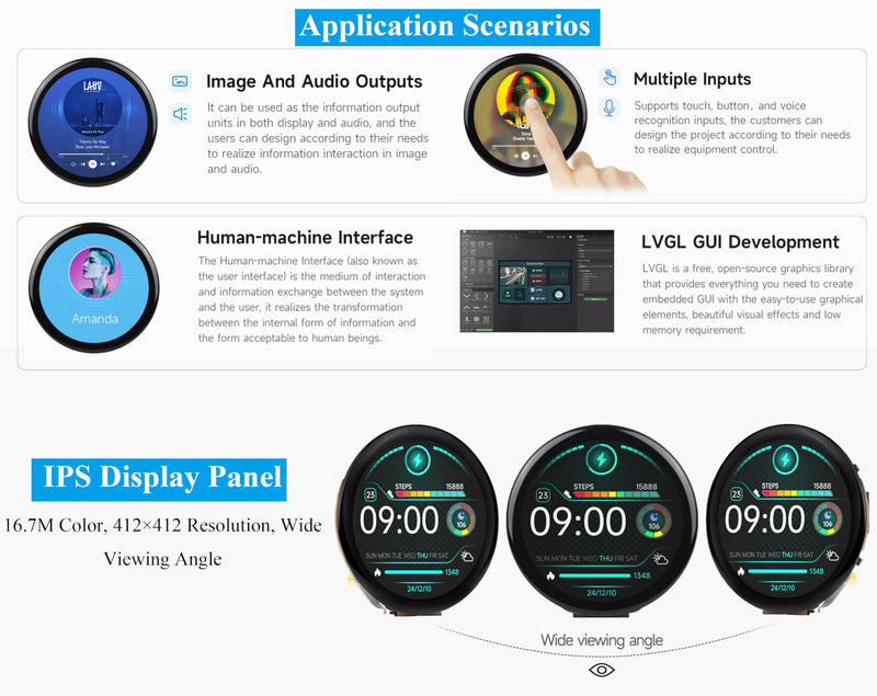 ESP32-S3 1.46inch Round Touch Display Development Board, 412×412 Pixel IPS LCD, Accelerometer and Gyroscope Sensor, Onboard Speaker and Microphone, ESP32 with Display, Supports W-i-F-i & B LE