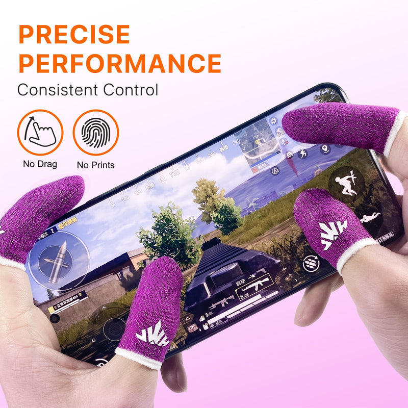 JWH 16 PCS Mobile Gaming Finger Sleeves for Dedales Gamer Profesionales Silver Fiber Thumb Sleeves with Pubg Controller Anti Slip Sweat Proof Finger Gloves with High Sensitivity Touchscreen for FPS 8XRose red+8XPurple+Box+Triggers