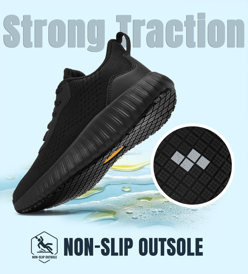 SHULOOK Non Slip Work Shoes for Men Slip Resistant Water-Resistant Food Service Kitchen Chef Restaurant Nurse Work Sneakers Lace Up Mesh Comfortable & Casual Walking Shoes Black 8.5