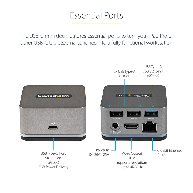 StarTech.com USB C Mini Dock for Chromebooks, iPad Pro, Android Tablets & Smartphones, USB-C Docking Station w/ 4K 30Hz HDMI, 27W Power Delivery Charging, 3-Port USB Hub, Gigabit Ethernet, TAA
