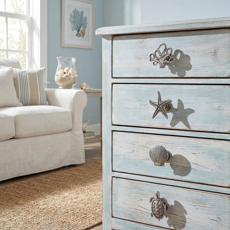 Zonon 8 Pcs Coastal Nautical Cabinet Knobs, Beach Ocean Themed Drawer Knobs, Starfish Seashell Sea Turtle Octopus Cabinet Pulls & Handle, Metal Knob for Dresser Cupboard Wardrobe (Pewter) Pewter Vintage