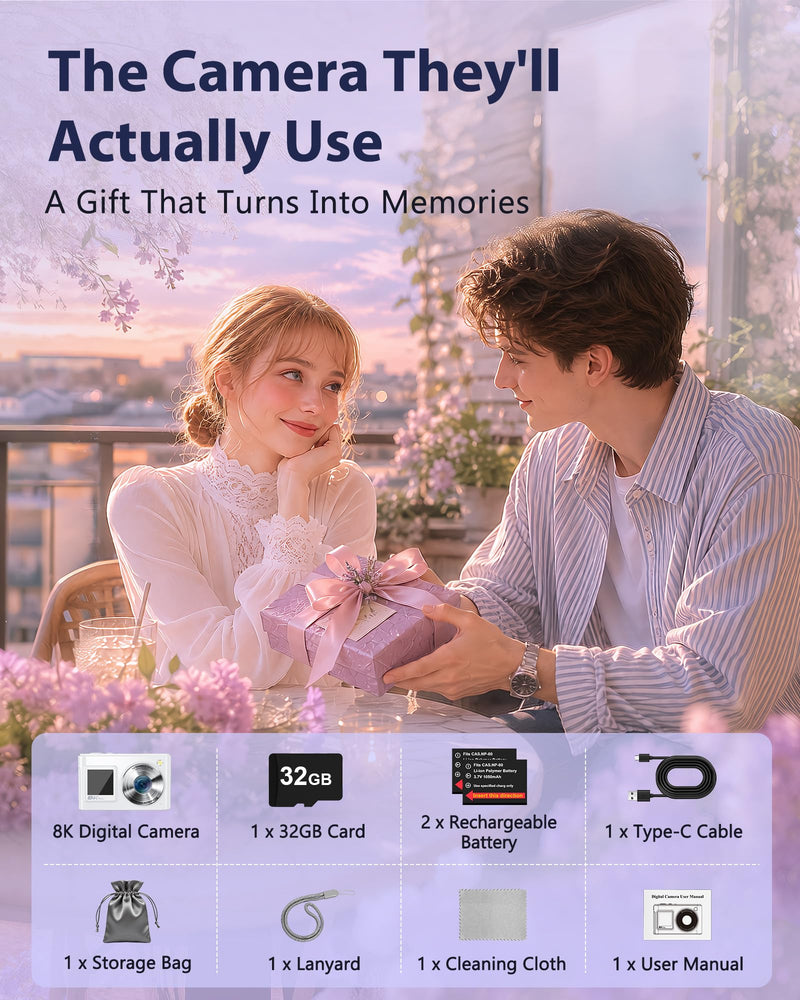 8K Digital Camera, 96MP WiFi Camera for Photography with Dual Screen(White) | Autofocus, Anti-Shake, 16X Zoom, Vlogging Point Shoot Camera for Teens, Beginners, Travel, 2 Batteries, 32GB Card White