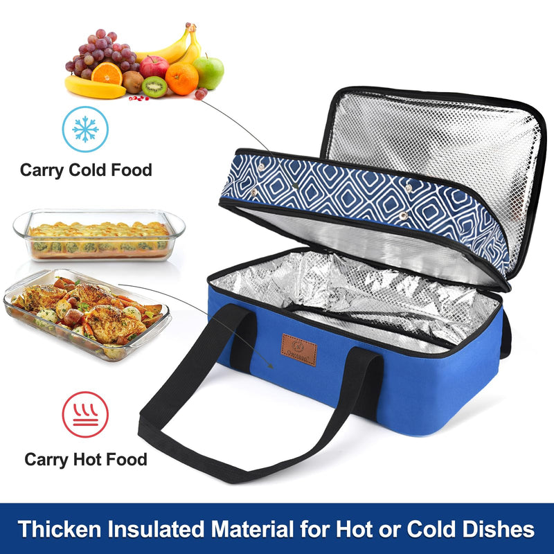 Genteen Insulated Casserole Carrier,Expandable Double Insulated Food Carrier for Hot and Cold Food, Fits 9x13 Casserole Dish,Lasagna Holder Tote for Parties Potluck Picnic (Blue)