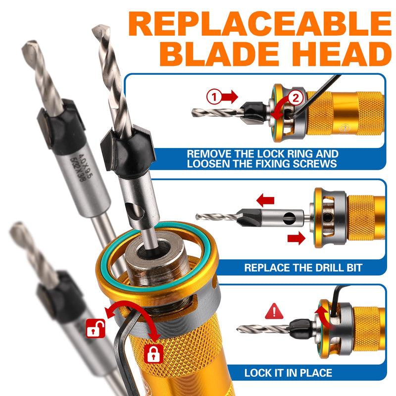 Countersink Drill Bit Set with Depth Stop 4PCS, HCS Four Blades Countersink Bits with Quick Adjust Depth Stop and L Shape Wrench, Wood Countersink Bit Set for Wood, Plastic, Woodworking 4PCS Four Blades Countersink Bits with Phillips Bit(Upgraded)