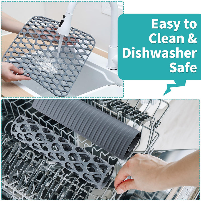 3 Pack Sink Mat and Sink Saddle Set, 13.4 x 11.5 Inch Protectors for Kitchen, Non Slip Silicone Dishwasher Safe, Folding Grid Protect from Stains, Damage, Scratches (Cuttable) Cuttable