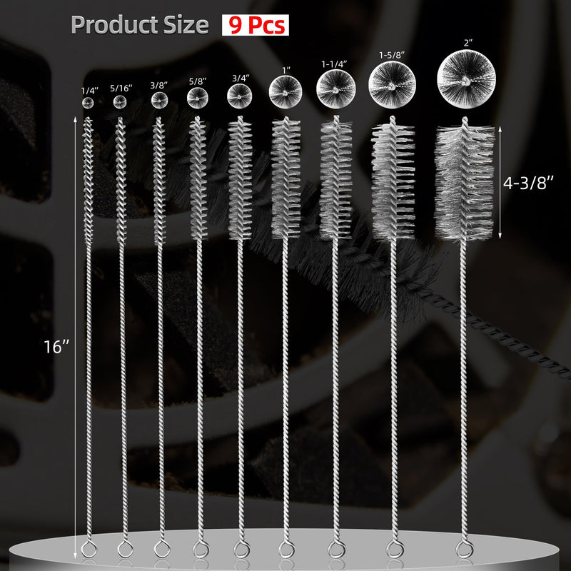 16 Inch Extra Long Pipe Cleaning Brush Set, Stainless Steel Bristles Bore Brush, 9Pcs Variety Wire Brush Pack for Auto Parts, Bottles,Tubes Silver 9 Pieces, 16 Inches