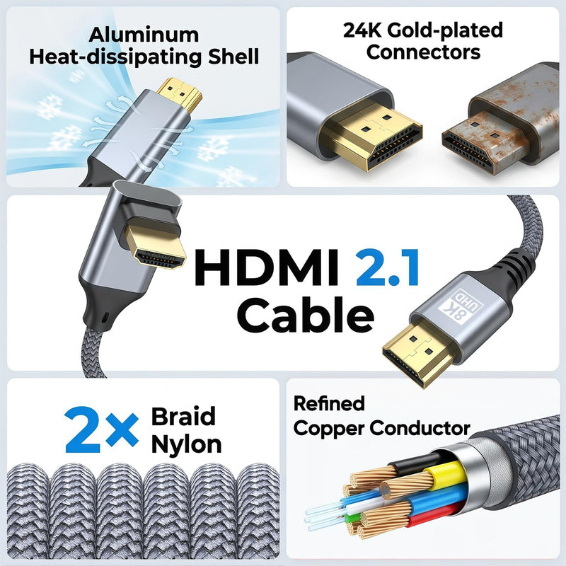 Short Right Angle HDMI Cable 8K 90 Degree HDMI 2.1 Cable 1 Foot | Aluminum Braided Angled HDMI Cord Supports 4K@120Hz, 8K@60Hz, 48Gbps, Dynamic HDR, eARC, 3D for TV Box, HDTV, Monitor, Laptop 90-Degree 1FT