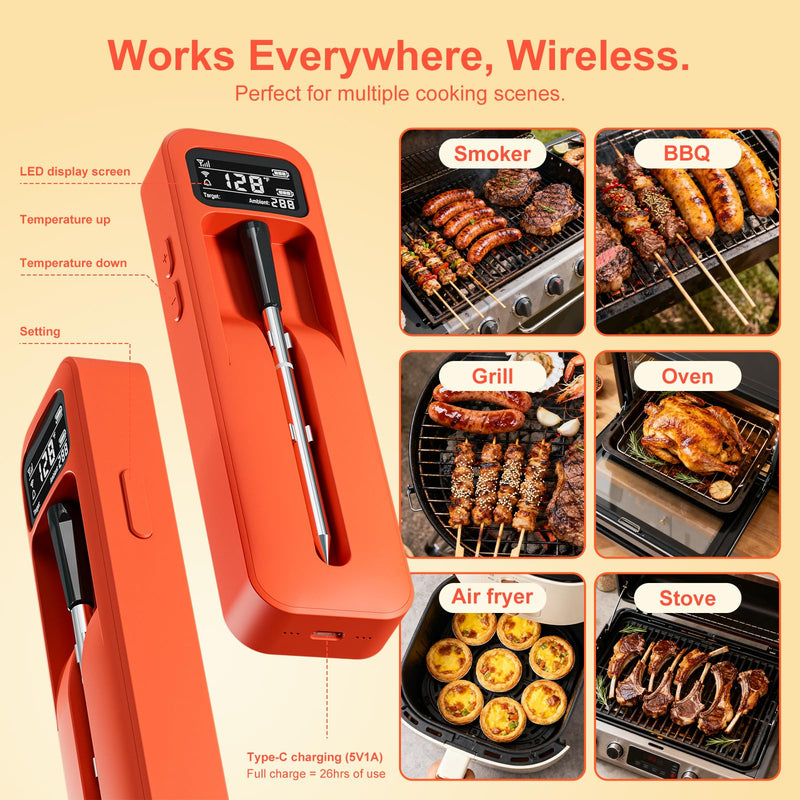 Smart Wireless Digital Meat Thermometer with Ceramic Probe, Food Thermometer Standalone Display Base 3000FT Range Real-time Monitoring ±0.5°F Accuracy,for BBQ/Oven/Grill/Smoker/Air Fryer 1 Probe