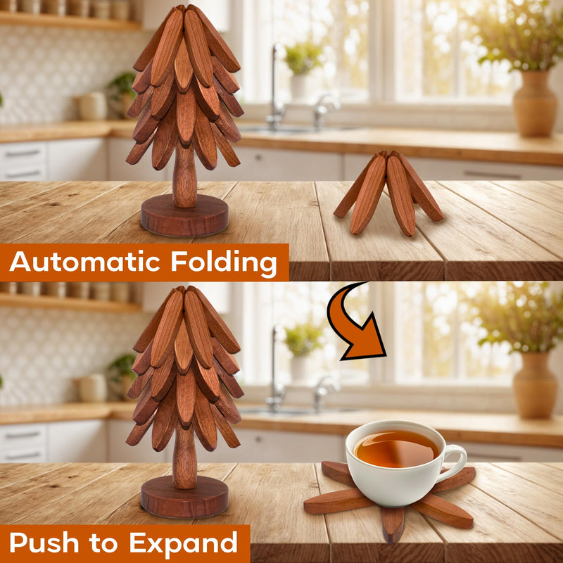 Wooden Trivets for Hot Dishes, Wooden Tree Trivet Set of 5 for Easy Storage - Suited for Hots, Pans, Bowl, Teapot, Hot Holders - Multifunctional Ornaments (Dark - 5 PCs) Dark - 5 Pcs