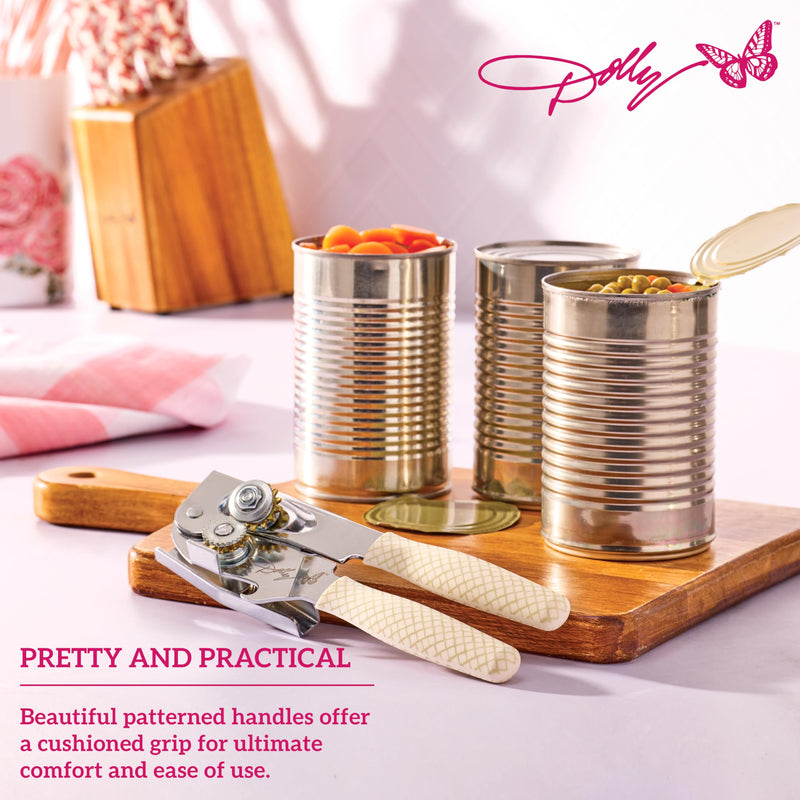Dolly Parton Compact Can Opener with Crisscross Design – Ergonomic Soft-Grip Handles, Durable High-Carbon Cutting Wheel, Built-In Bottle Opener, 7.5 Inch