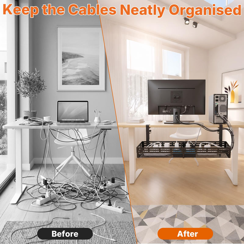 Under Desk Cable Management Tray, 15-25in Retractable Metal Cord Organizer Rack, No Drill Desk Tray with Clamp, Anti-Slip Pads Cable Tray for Home, Office, Gaming, Standing Desks