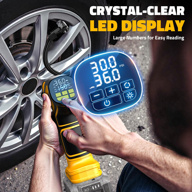 150PSI Tire Inflator Portable Air Compressor: Cordless Air Pump Compatible with Dewalt 20V Battery - Car Tire Pump with Digital Pressure Gauge & LED Light for Auto, Motorcycles(Bare Tool) 150 PSI Yellow- Compatible With Dewalt 20v(baretool)