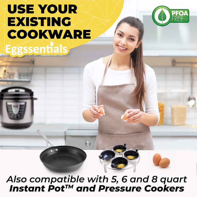 Eggssentials Egg Poacher Insert Stainless Steel Poached Egg Cooker Eggs Poaching Cup PFOA Free Egg Poachers Nonstick, 7.25" Rack Compatible with Current Cookware, Skillets & Instant Pots 4 Cup Egg Poacher