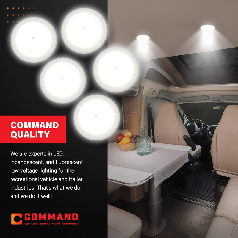 Command Electronics OEM 12V LED RV Low Profile Surface Mount Ceiling Light with Switch – Made in USA – 4.5" Diameter – 5-Pack 5 Pack
