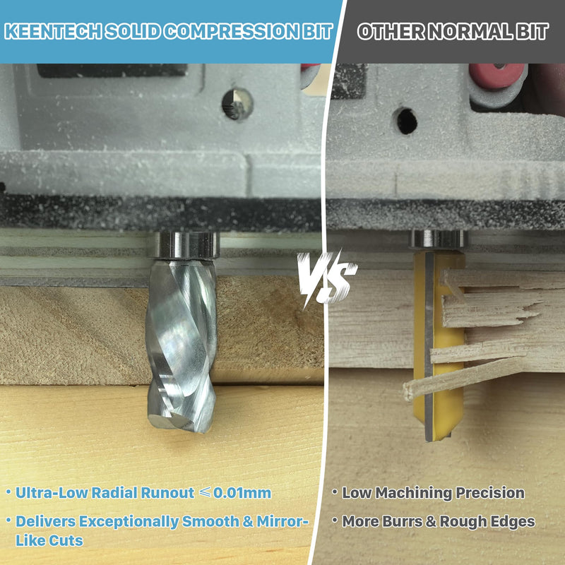KEENTECH Solid Carbide Compression Flush Trim Router Bit, 1/4" Shank, 1/2" Cutting Dia x 1-1/8" Cutting Length, 2+2 Flute Pattern & Template Router Bit with Top Bearing 1/4" Shank - 1/2" Dia - 1-1/8" CL