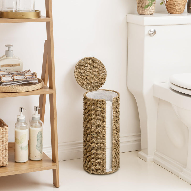StorageWorks Seagrass Free Standing Toilet Paper Holder Stand for Bathroom, 3 Rolls of Toilet Tissue Storage with a Built-in Cloth Lining, Toilet Roll Holder Stand with Lid Natural（seagrass） 6¾"D(For 3 Roll)