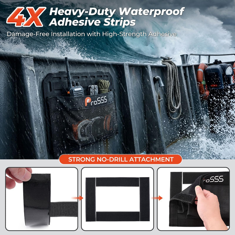 2PC Boat 10"*7" Self-Adhesive Storage Mesh Bag,Marine Organizer for Tools & Boat Accessories,Waterproof Strong Adhesive Backing, Easy to Install & Remove,Keep Your Boat Tidy and Items Secure 2