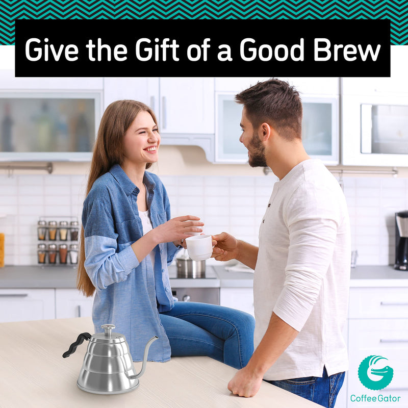 Coffee Gator Gooseneck Kettle with Thermometer - 40oz Premium Stainless Steel Pour Over Coffee Maker Kettles, Stove Top, w/Precision Drip Spout, for Drip Coffee, French Press, Tea Kettle, 5 Cup, 1.2L 40 fl oz