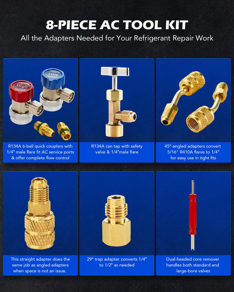 Orion Motor Tech AC Adapter Tool Kit, 8-Piece AC Gauge Hose Conversion Adapters Including R134A Can Tap, R134A Quick Couplers, R410 Adapters, Tank Adapter and Valve Core Remover