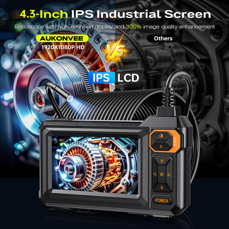 Endoscope Borescope Camera with Light, 4.3" IPS 1920P HD Inspection Camera, 50FT Semi-Rigid Snake Cable, IP67 Waterproof (7.9mm Probe) with 8 Adjustable LEDs for Sewer, Automotive Engine, Pipe, HVAC 50FT Single Lens