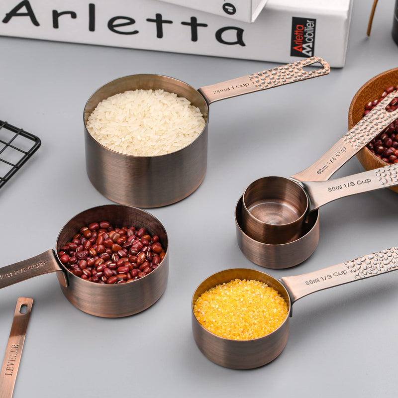 Copper Measuring Cups and Spoons - 6 Plated Cups, 7 Metal Spoons, 1 Leveler - Dry Measure Set A02: copper-Set of 16pcs