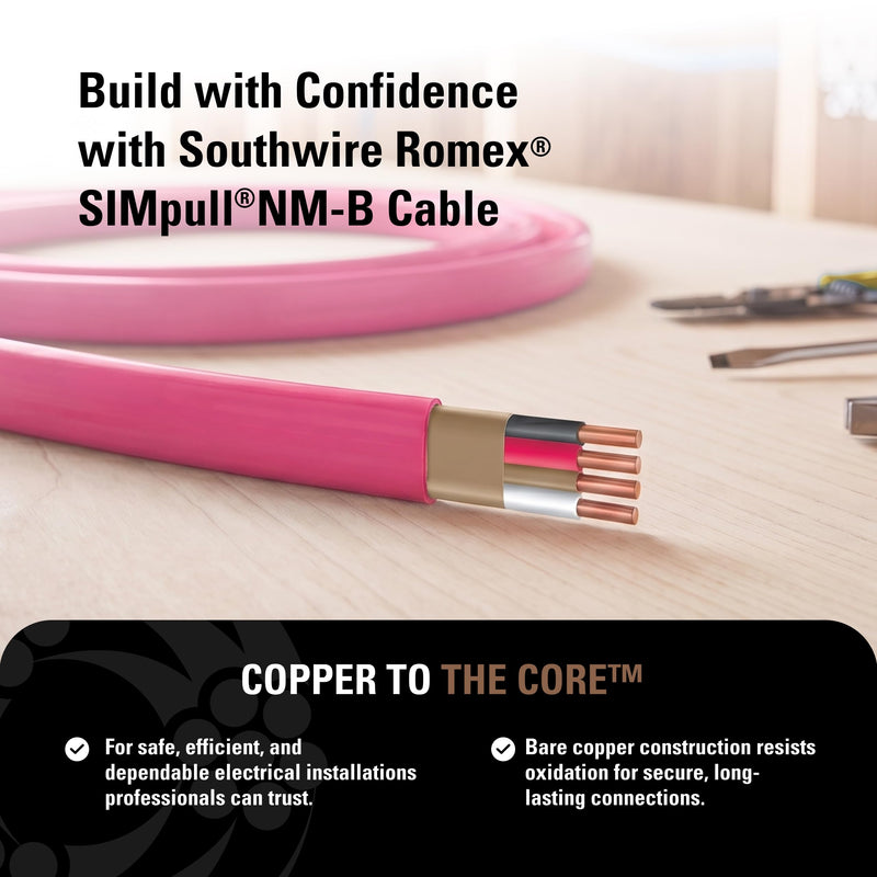 Southwire Romex SIMpull™ Residential Wire, 10 Gauge, 3 Conductor, 25Ft, NMW/G Wire, Pink, 63948521