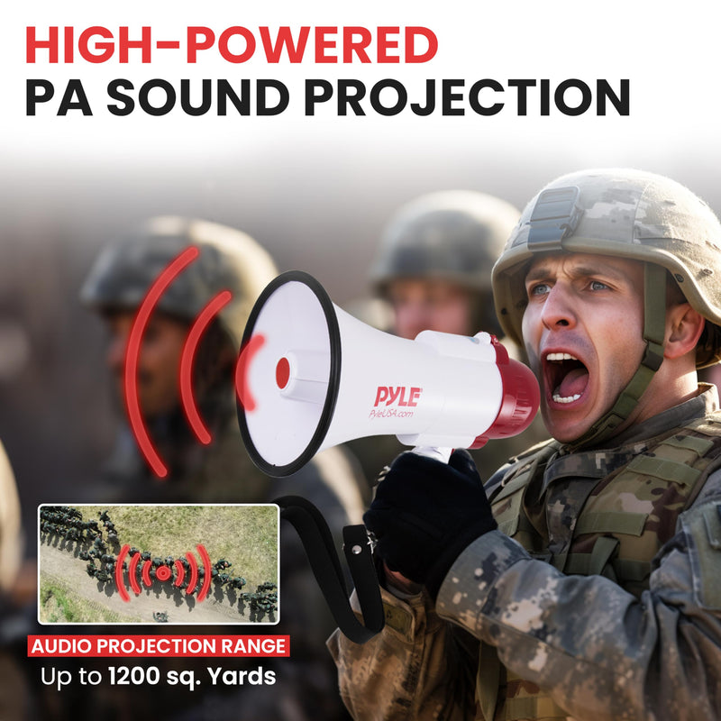 Pyle 30W Megaphone Bullhorn with 1200-Yard Range, Built-in Siren, Voice & Alarm Modes, Adjustable Volume Control, Ergonomic Pistol Grip, Foldable Handle - Ideal for Indoor/Outdoor Sports & Events White