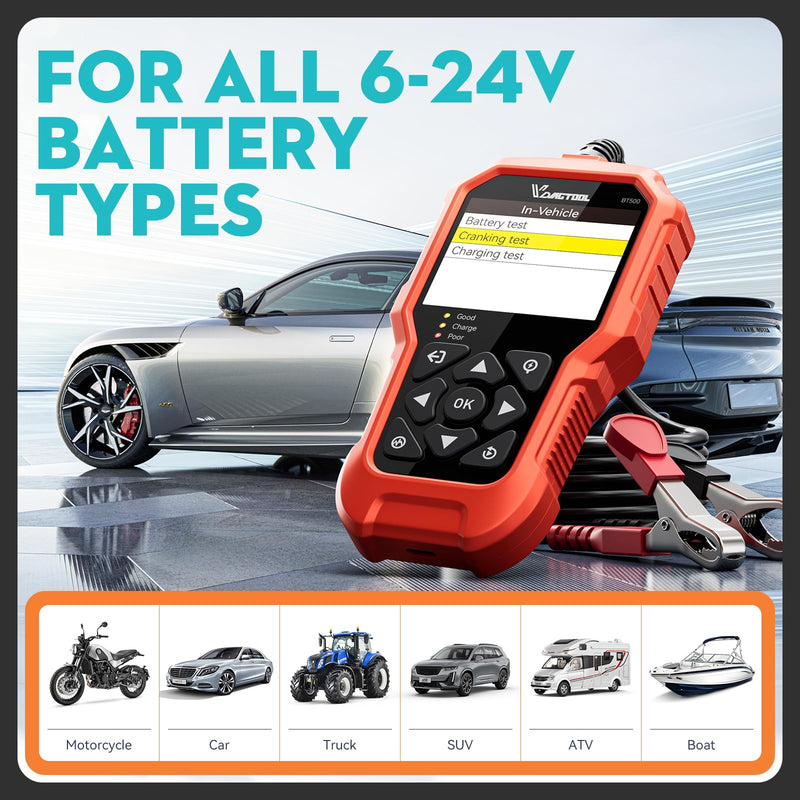 Car Battery Tester 6V 12V 24V VDIAGTOOL BT500, 5-3000 CCA Battery Load Tester, Starter Alternator Tester Automotive Charging Cranking System Analyzer for Car Truck Motorcycle SUV ATV Boat