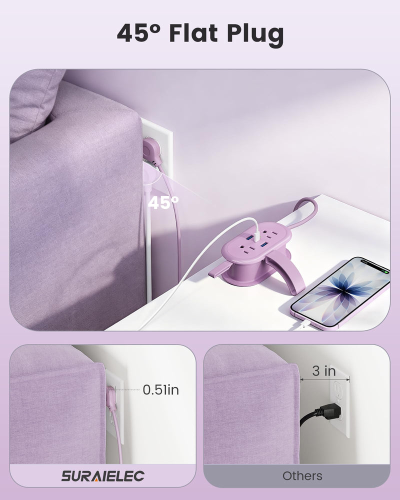PD 20W Travel Power Strip 4 AC Outlets, 2 USB-A & 1 USB-C Ports | 4.6FT Wrapped Travel Extension Cord with Flat Plug, Cruise Approved Power Strip for Travel Hotel, No Surge Protection, Purple